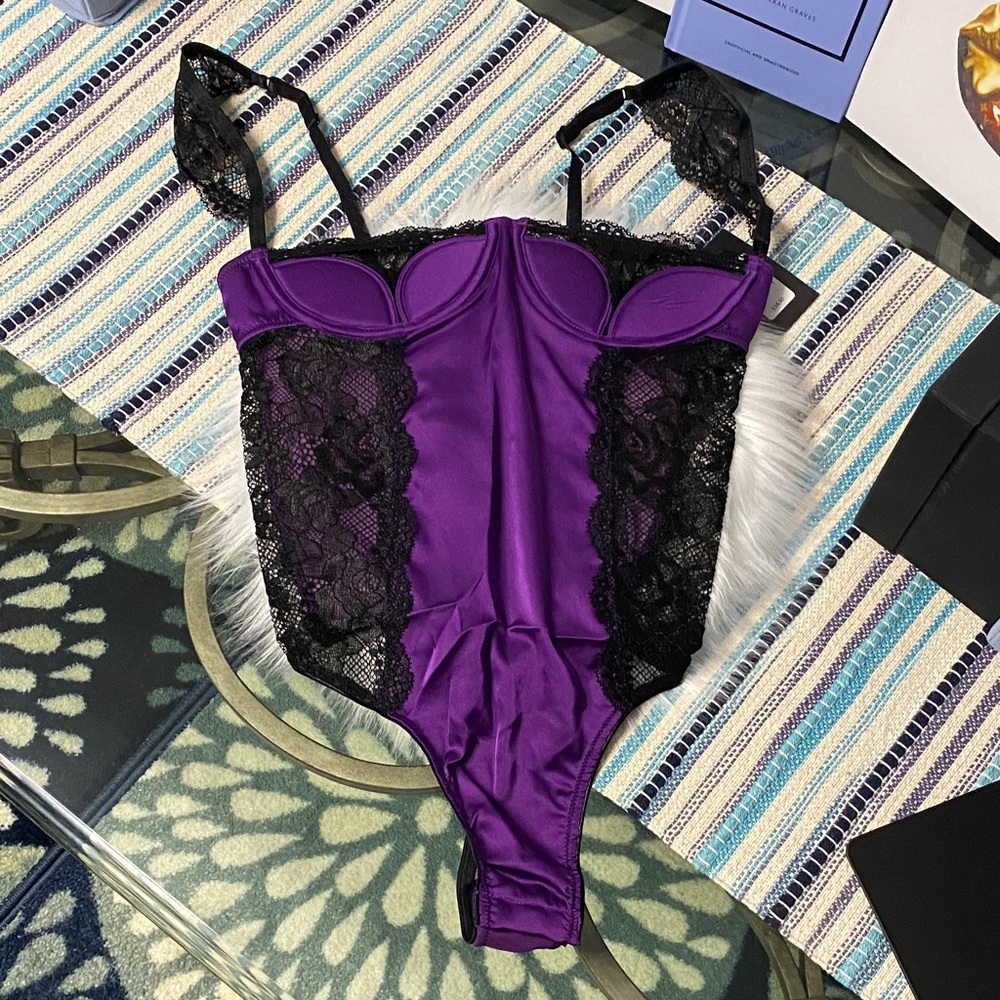 Frederick's of Hollywood Ilana purple & black satin lace teddy bodysuit